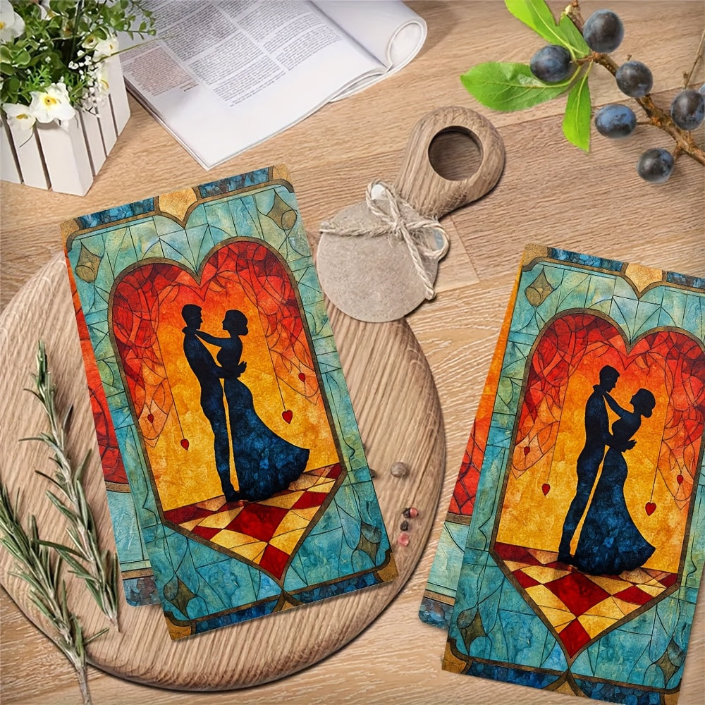 This collection includes two luxuriously soft kitchen towels showcasing an enchanting scene of a couple learning to dance in a class. The intricate artwork captures the pair mastering new steps under the guidance of their instructor, all set on a dance