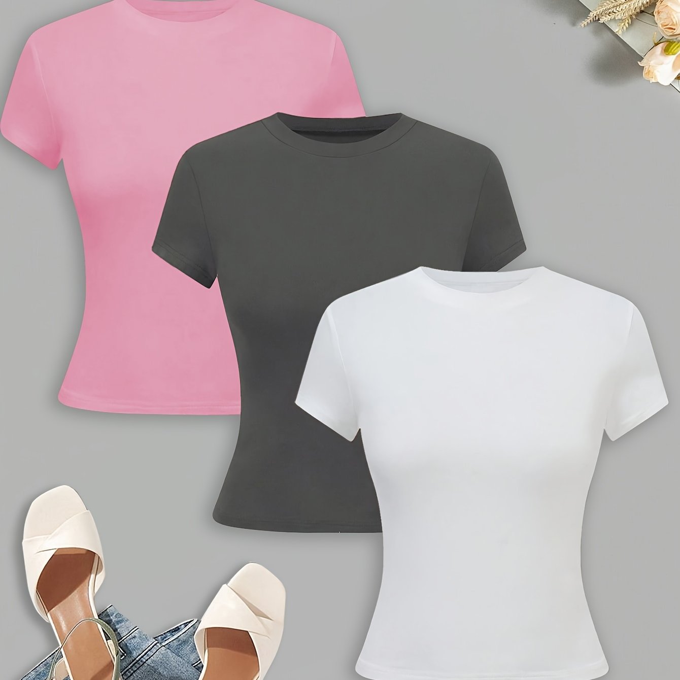 New Women's Slim Fit Solid Color T-shirt Three-piece Set - DP111061