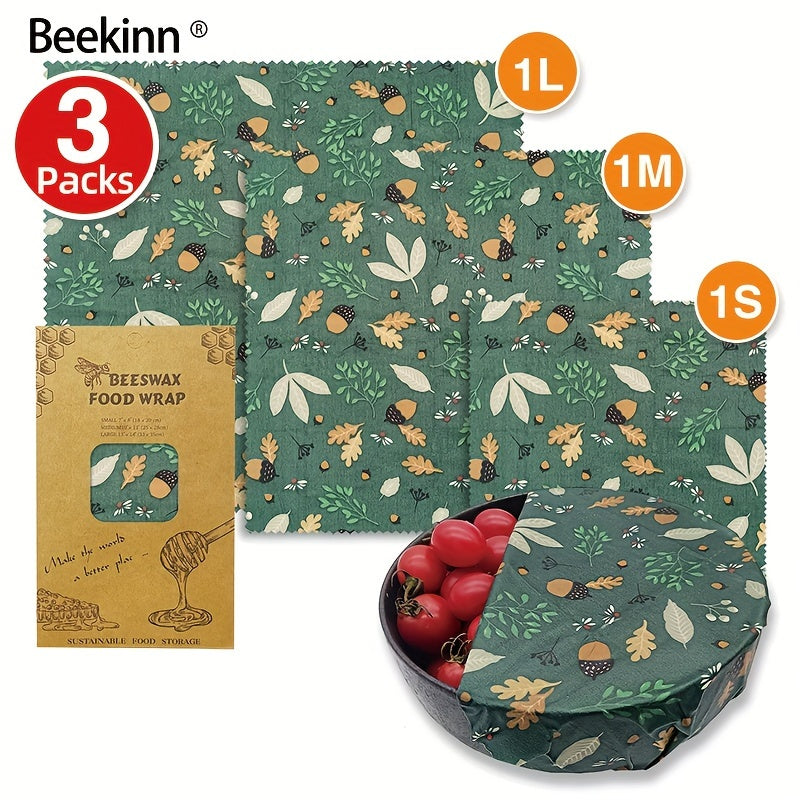 Set of 3 Beeswax Food Wraps, Eco-Friendly Fabric, Hand Washable, Environmentally Friendly, Sustainable Storage Solution for Kitchen