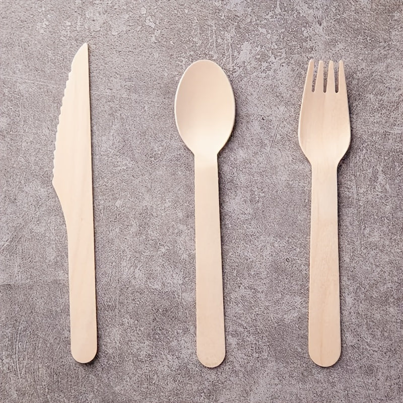 This pack includes a total of 150 disposable birch wood utensils, consisting of 50 knives, 50 forks, and 50 spoons, all measuring 16 cm each. These utensils are ideal for various events such as parties, camping trips, banquets, weddings, and picnics.