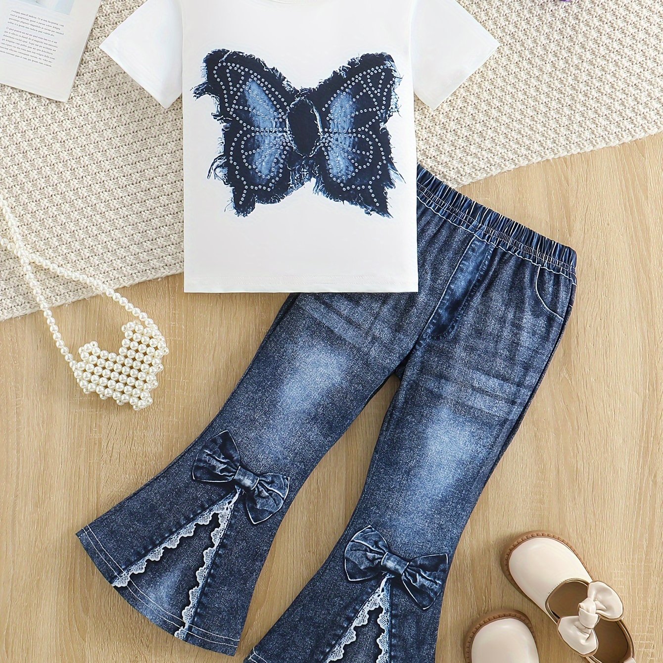 Set of 2: Butterfly short sleeve top and split denim micro bell pants