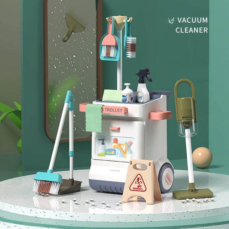 Children's cleaning play set includes vacuum cleaner and 20 piece housekeeping toy kit made of durable PP material.