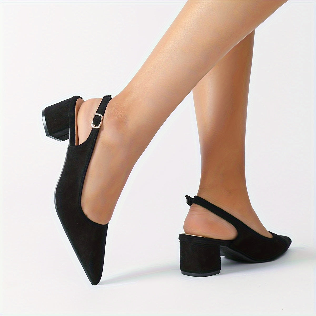 Black velvet chunky heel pumps for women with pointed toe, ankle strap, and mid-height design. Elegant and versatile shoes suitable for all seasons. Synthetic cover.