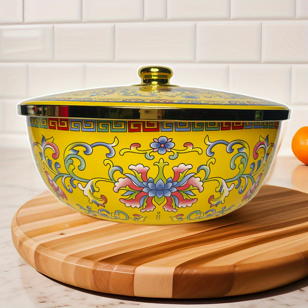 Sturdy Enamel Mixing Bowl with Lid - Spacious Salad Basin for Kitchen & Dining Room Use