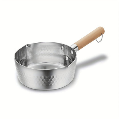 1-piece Sauce Pan with a traditional Japanese design, featuring a wooden handle, perfect for heating and melting milk, sauces, or oils. This pan can also be used as a mini milk pot for dripping and pouring oil.