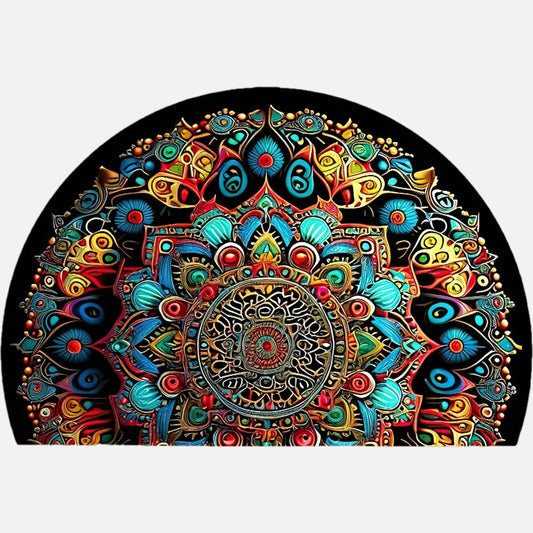 This outdoor doormat is made of finely woven high-density fine sand imitation cashmere material with a TPR bottom, featuring a half-round bohemian mandala element design. It is non-slip, wear-resistant, thick, soft, skin-friendly, and shedding-free