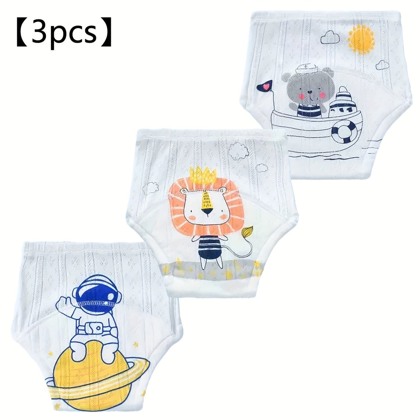 Three soft and absorbent training diapers designed for boys and girls - featuring a breathable, leak-proof design with a cute cartoon astronaut pattern. The perfect holiday gift for potty training!