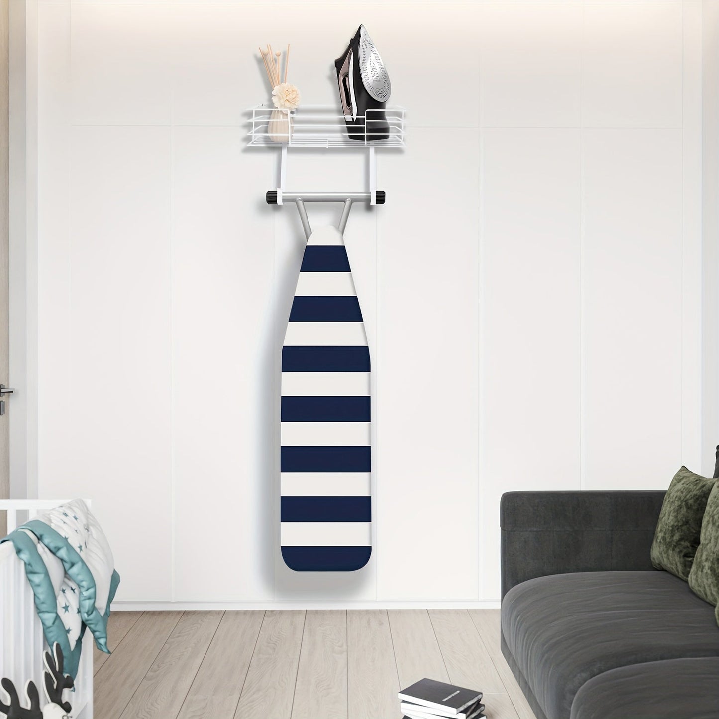 White Wall-Mounted Metal Ironing Board Hanger: Space-Saving Storage Solution for Laundry Room, No Electricity Required