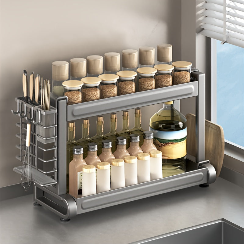 Metal Spice Rack Organizer with 3 Tiers - Versatile Countertop Storage Solution for Kitchen Gadgets, Cutlery, and Gray Tiered Shelf for Easy Organization - Sturdy Kitchen Rack for Long-lasting Use.