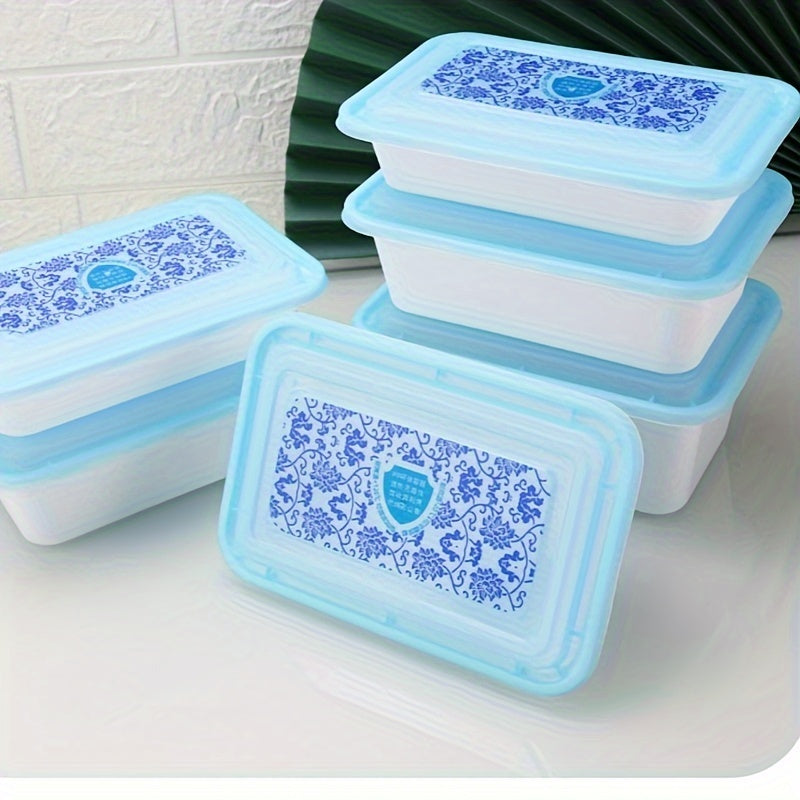 Frosted Thickened Square Box in Chinese Style Blue and White Porcelain Design, 22 Sets of 750Ml with Lids for Fast Food and Packing. Made with BPA-Free, Safety-Grade PP Material, Suitable for Microwave Oven and Freezer Use. Each Set Comes in Independent