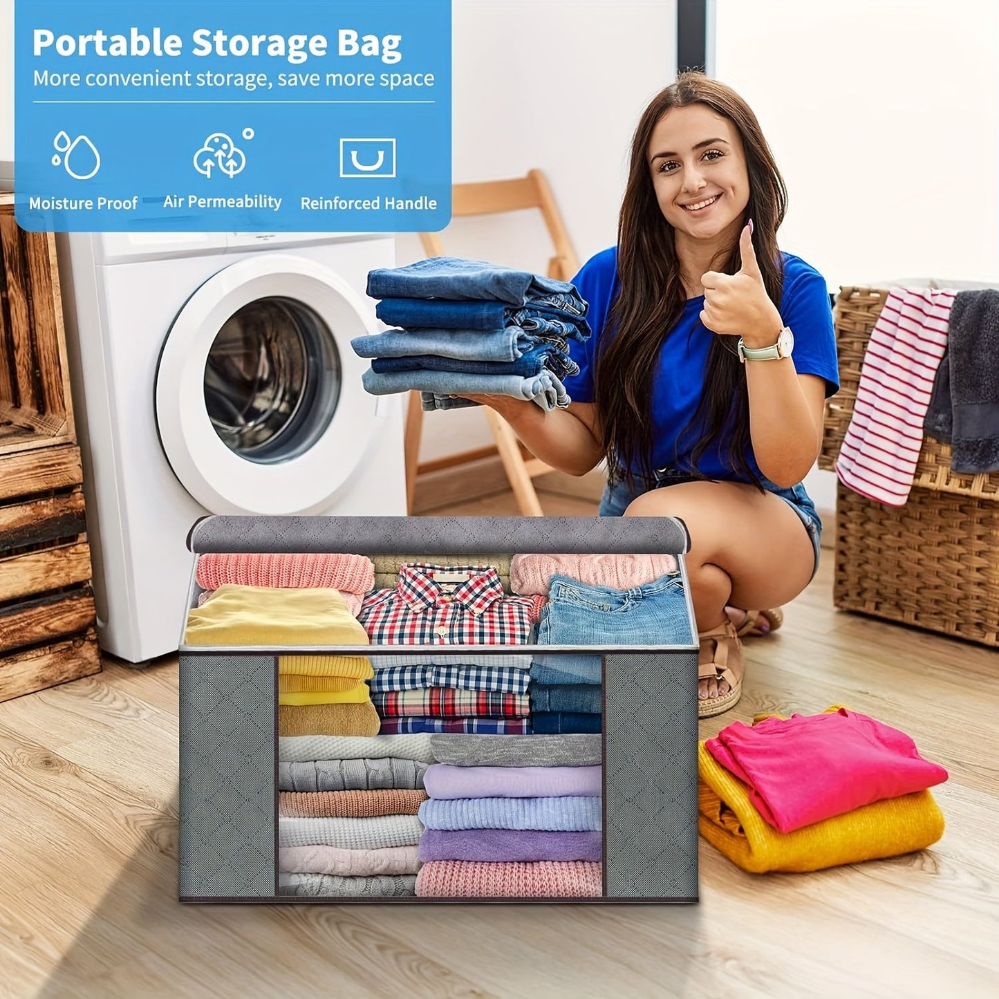 Get your hands on a set of 4/6/8-Pack Premium 90L Large Storage Bags. These classic rectangular closet organizer bins are perfect for storing all your clothes, blankets, comforters, bed sheets, and even pillows. Made from thick polyethylene fabric, these