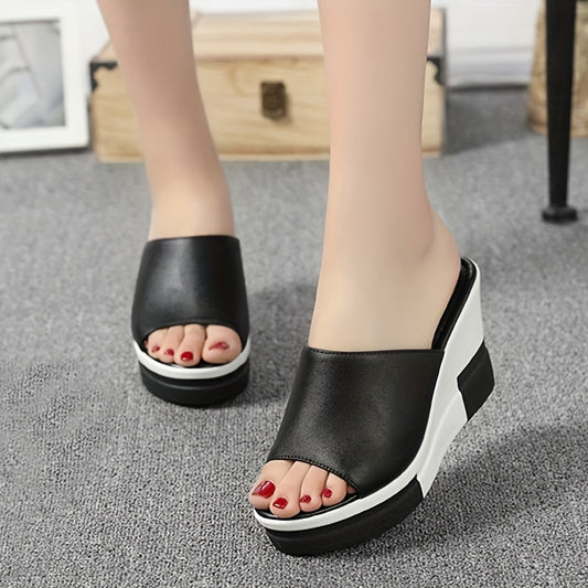 Black & white peep-toe wedge sandals with thick sole and faux cover straps for summer comfort