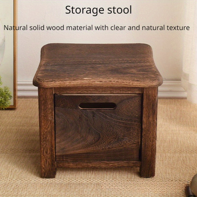 Classic wooden shoe changing stool with storage drawer, dark brown, armless, non-padded.