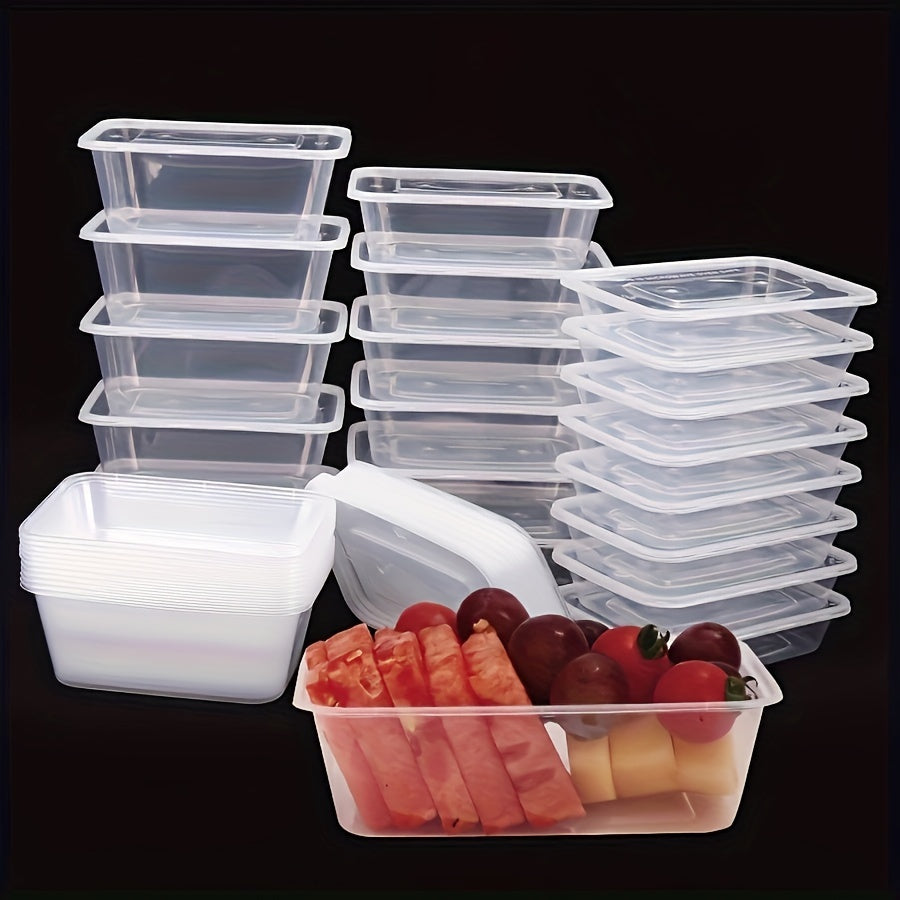 10 to 30 pieces of transparent plastic containers with lids in sizes 17, 22, and 26 ounces. These rectangular food storage containers are BPA free, stackable, leak-proof lunch boxes that are also microwave safe. Perfect for kitchen gadgets and