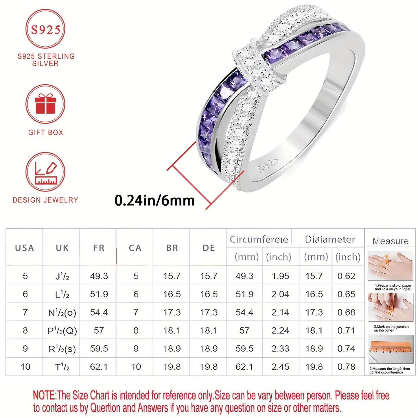 Ring:

This stunning ring is made of 925 sterling silver, with colorful shiny zirconia stones that form a cross bow design and feature a beautiful purple zirconia inlay. It is the perfect accessory for daily wear, parties, and holidays. This ring makes a