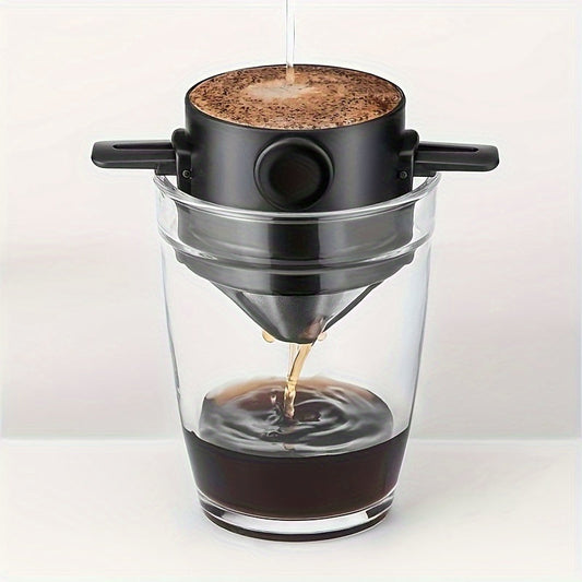 Pour-over coffee filter cup with a portable folding stainless steel filter that eliminates the need for paper filters. The hanging ear design makes it easy to use and convenient for on-the-go coffee brewing.