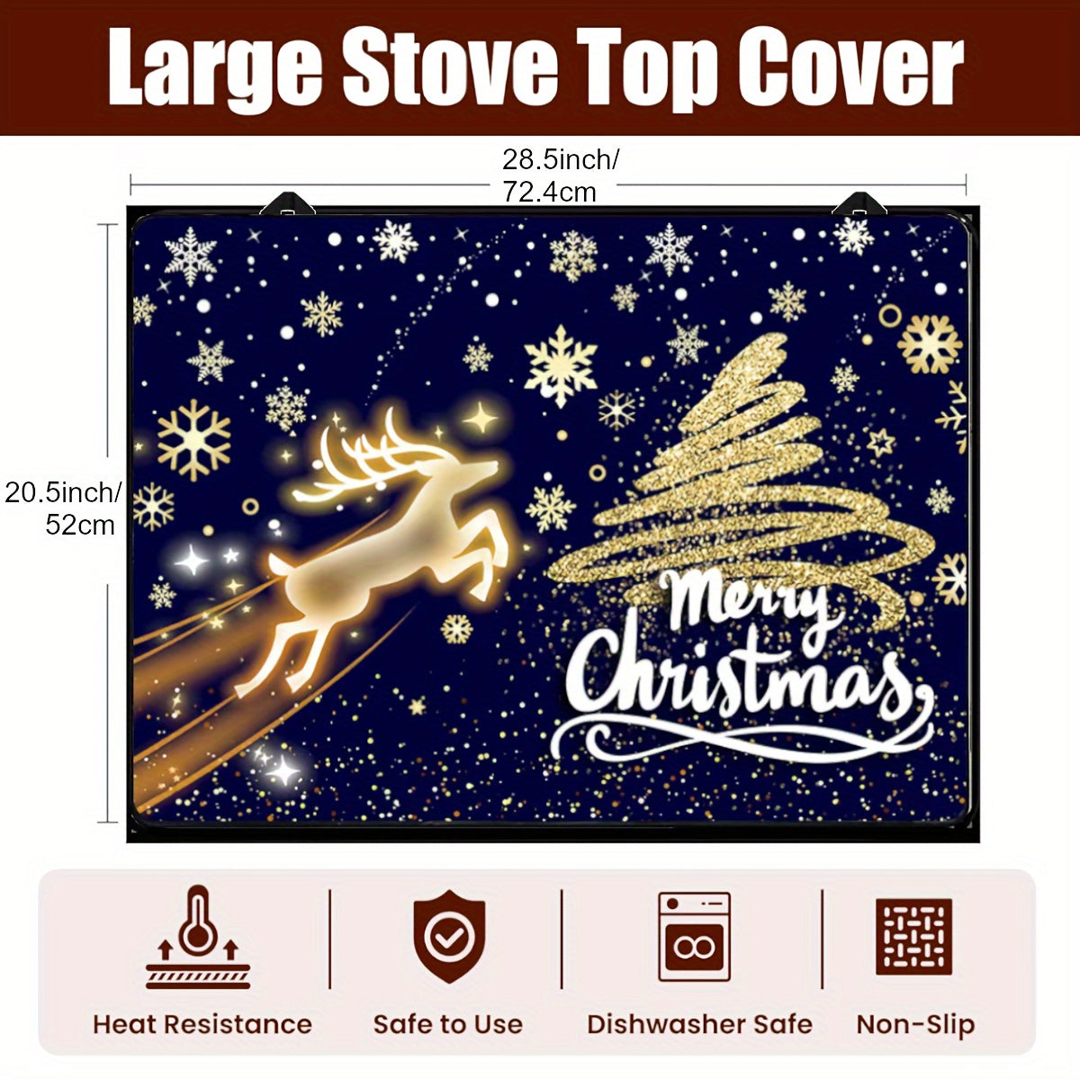 Cover your electric stove top with this festive Christmas stove top cover. Measuring 72.39x52.07cm, this heat-resistant cover is non-stick, foldable, and easy to clean. It is dishwasher safe and also acts as an anti-scratch mat for electric and induction