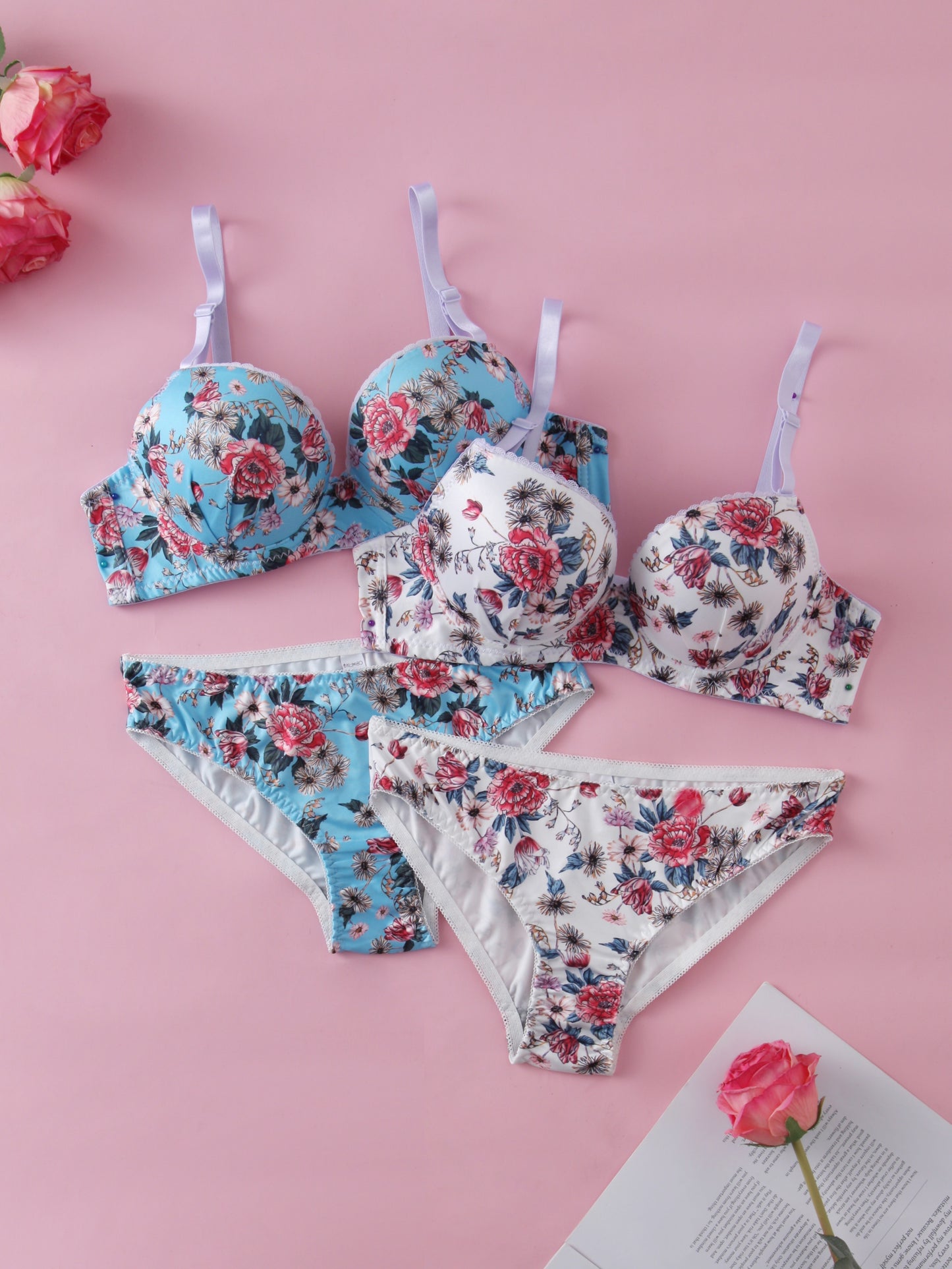 Fashion Floral Print Bra Set with Steel Ring Detail