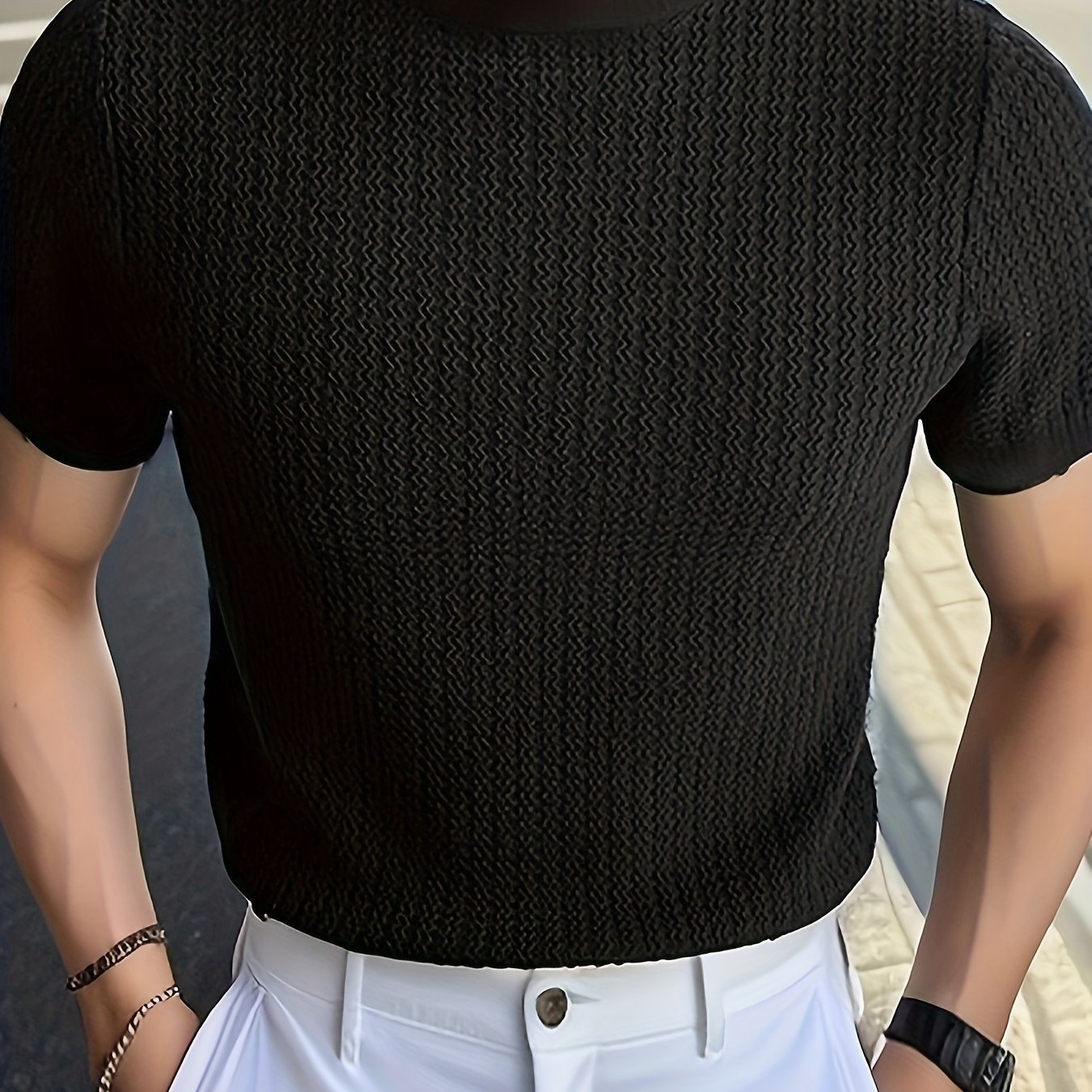 Men's high neck knit t-shirt for casual summer wear with European and American style