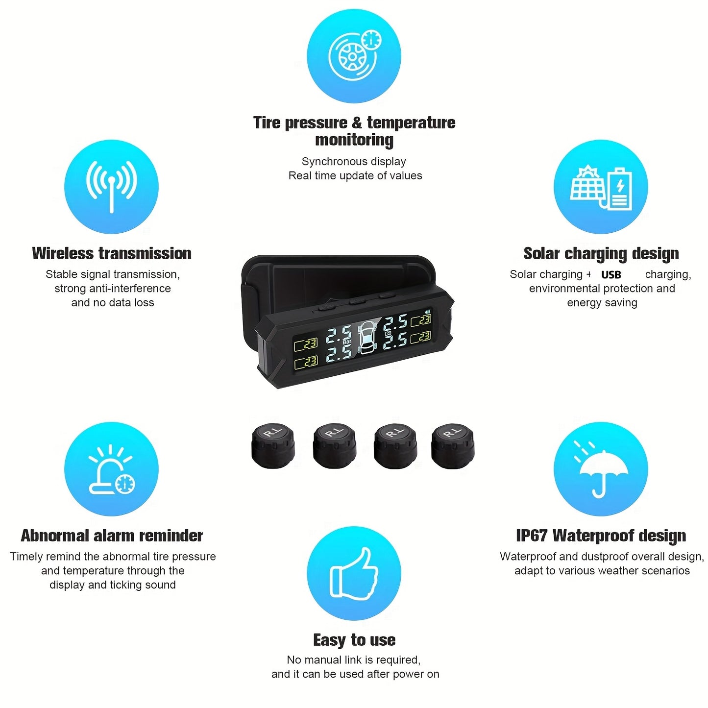 Solar-powered TPMS for accurate monitoring of wheel gas pressure, easily installed on vehicle glass.