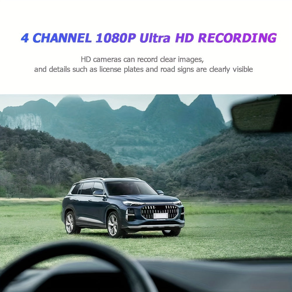 4 Channel Vehicle Camera with 1080P Car DVR Video Recorder for Driving Dash Cam. Features 1080P front and 720P left/right rear night vision, loop recording, and 24H parking monitor.