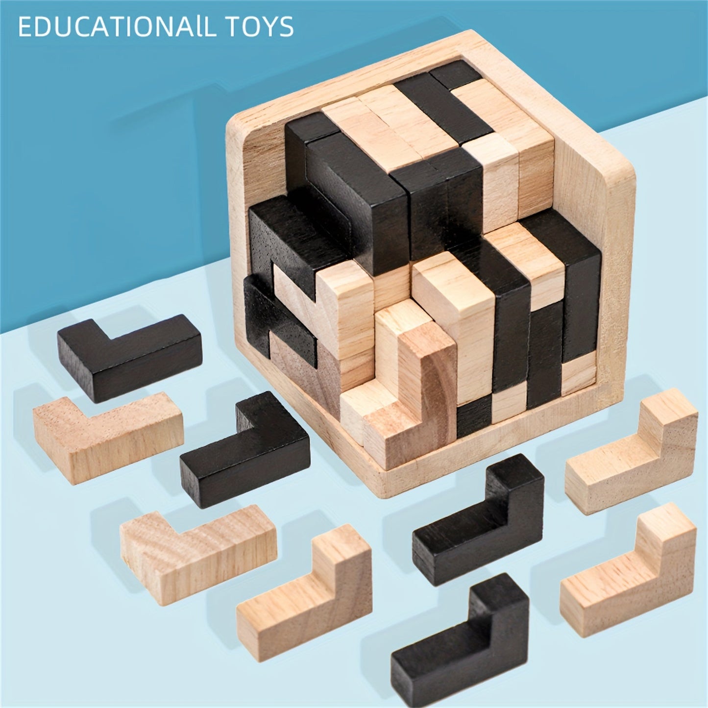 Wooden Brain Teaser Puzzle Cube with 54 Pieces, Educational L-Shaped Jigsaw Logic Puzzle Toy made of Wood