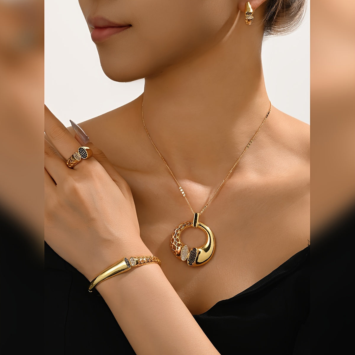 Set of 4 Pieces MEIZ 18K Gold Plated Jewelry, Elegant & Charming, Featuring Synthetic Zirconia Geometric Necklace, Bracelet, Earrings, and Ring. Made of Copper, Perfect for Women as Everyday Wear or a Gift for Valentine's Day. Versatile All-Season