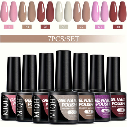 7-piece gel nail polish set in black, white, and nude shades. Semi-permanent, soak off UV/LED varnish. Unscented for hands, feet, and nails.