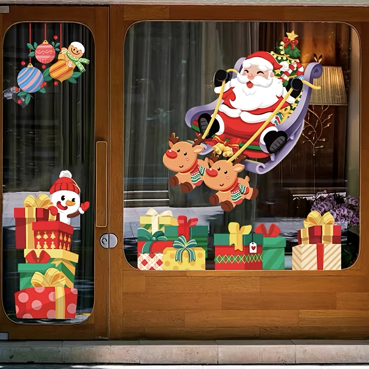 Decorate Your Home for the Holidays with Classic Christmas Window Stickers featuring Santa Claus and Reindeer Static Cling Decals, Shimmery Snowflake Patterns. These Reusable Decals are Perfect for Glass and Doors, with a 2mil Thickness for Seasonal