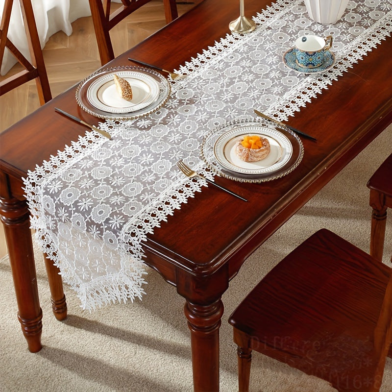 Polyester table runner with white embroidery flowers and lace edge, perfect for room or dining table decor.