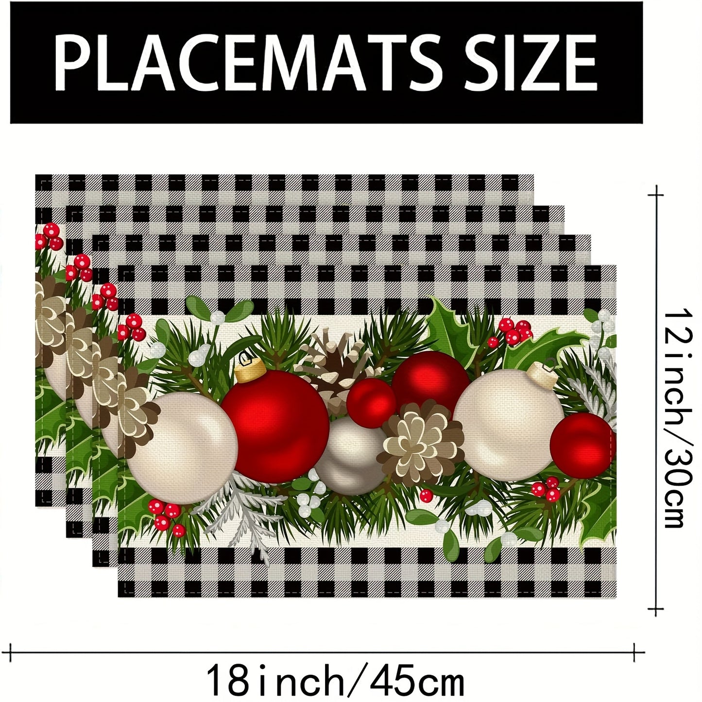 Farmhouse style Christmas placemats in red and black buffalo check plaid set of 4, measuring 30.48x45.72cm.