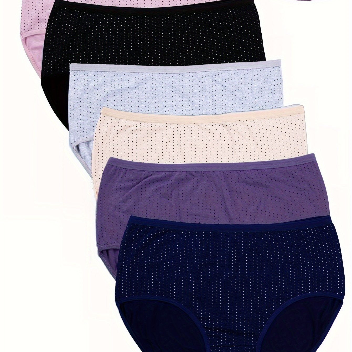 Set of 6 women's mid-rise briefs in assorted colors with polka dot design and stretch fit.