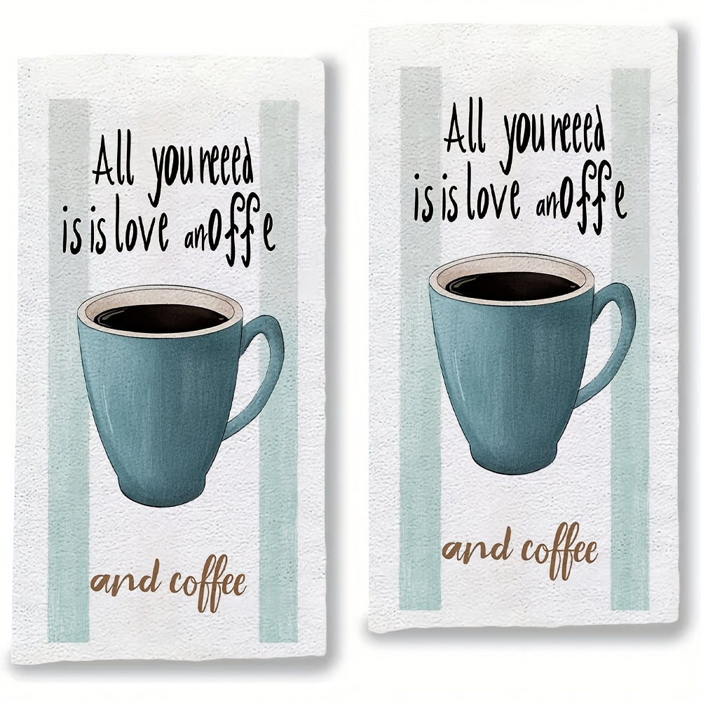 This set includes 2 ultra-soft kitchen towels with charming prints featuring love and coffee phrases. These highly absorbent dish towels are ideal for holiday decor, are machine washable, and measure 40.64x60.96 cm.