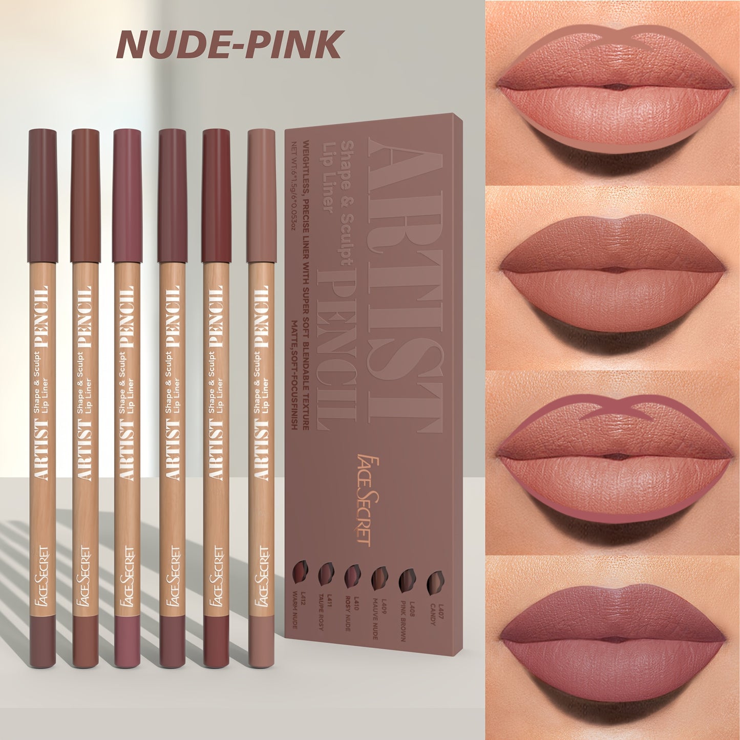 Set of 6 long-lasting matte lip liners in 18 natural colors.