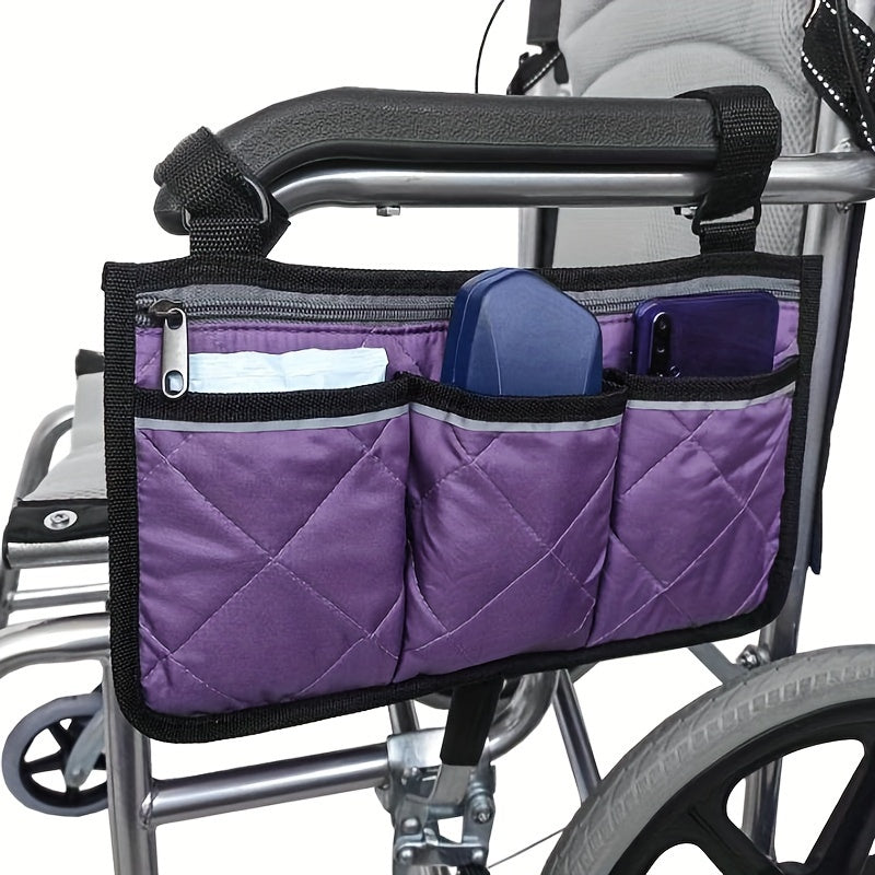 Portable hanging bag for stroller with reflective strip and multiple pockets, featuring armrest attachment and foldable design.