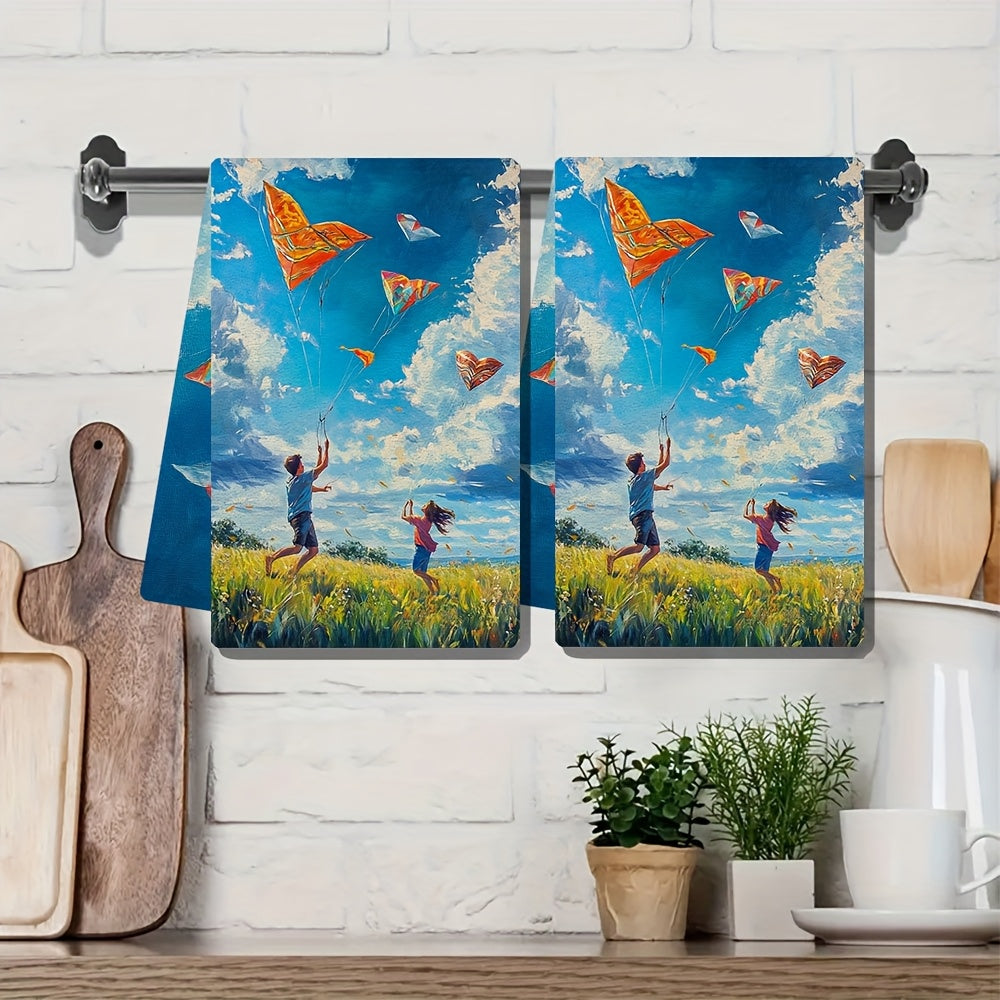 Set of 2 Ultra Soft Kitchen Towels featuring a charming scene of a couple flying colorful kites in a large open field. The kites are in various shapes, including a heart-shaped one. The couple is running around joyfully, trying to get their kites higher