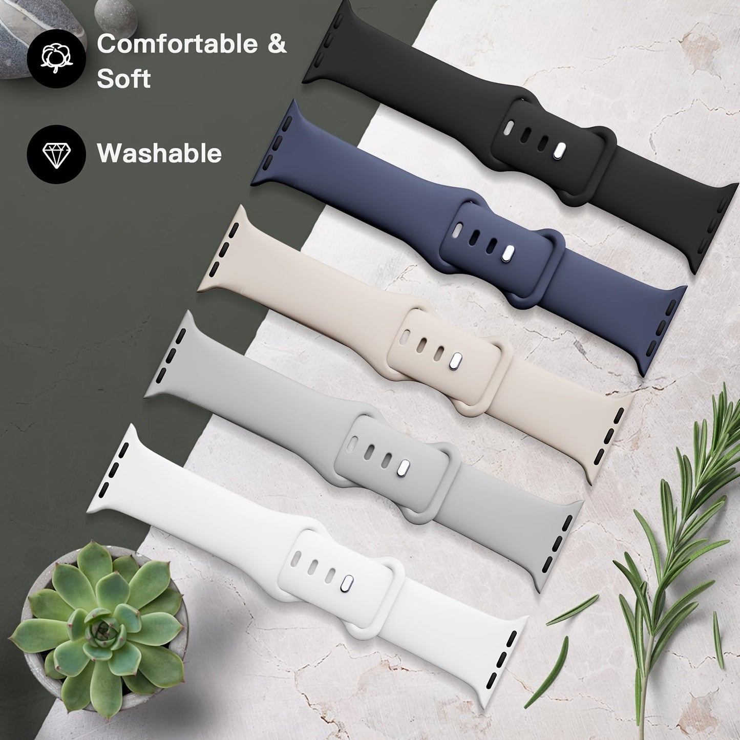 Set of 5 Soft Silicone Sport Bands for Apple Watch - Waterproof and Adjustable Wristbands for iWatch Series 9, Ultra, 8, SE, 7, 6, 5, 4, 3. Compatible with Sizes 38mm to 49mm - Ideal Present for Both Men and Women