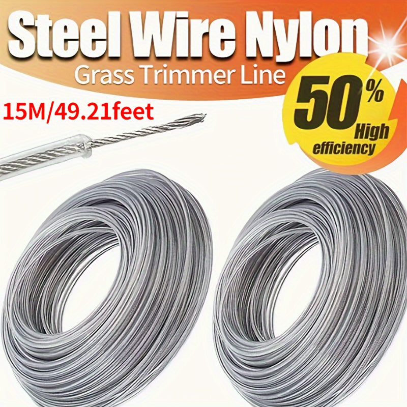 2pcs of durable 3.0mm diameter steel wire nylon grass trimmer line, 15m in length. Ideal for replacing lawn mower spools and cutting grass with brush cutters. A must-have gardening tool.