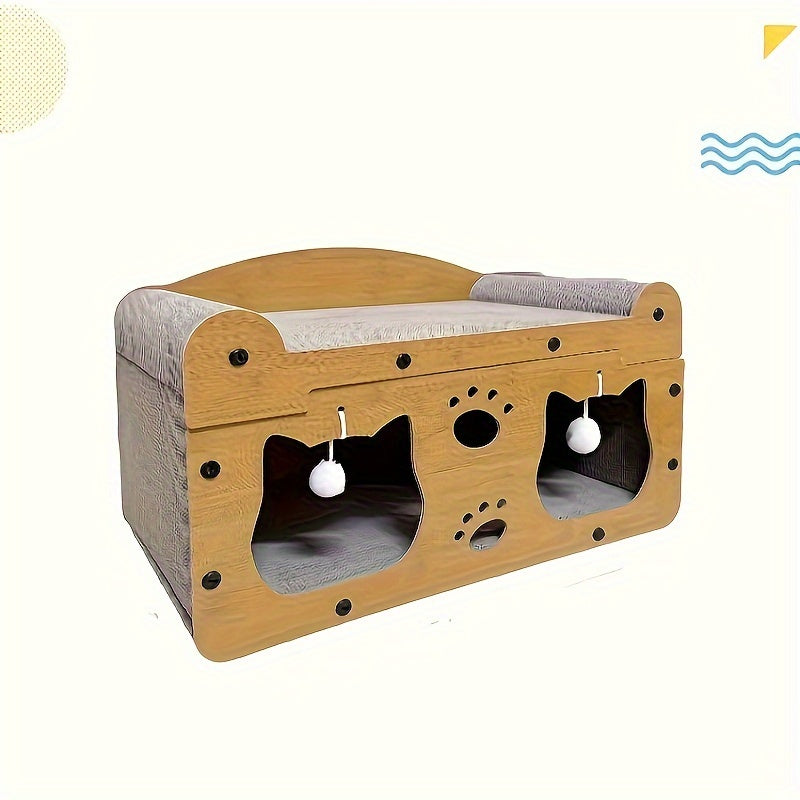 Durable 2-in-1 cat scratcher and lounge bed made from cardboard with hanging toys for interactive play.