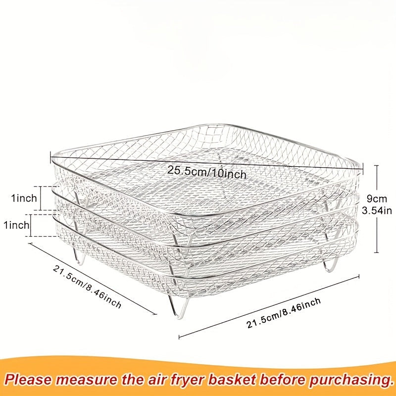 Set of 3 stackable multi-layer stainless steel dehydrator racks, set of 2 with 4 baking sticks, stackable air fryer rack, multi-purpose steaming and baking rack, cooling rack. Can be used as a dehydrator, baking rack, or deep fryer accessory. Perfect as