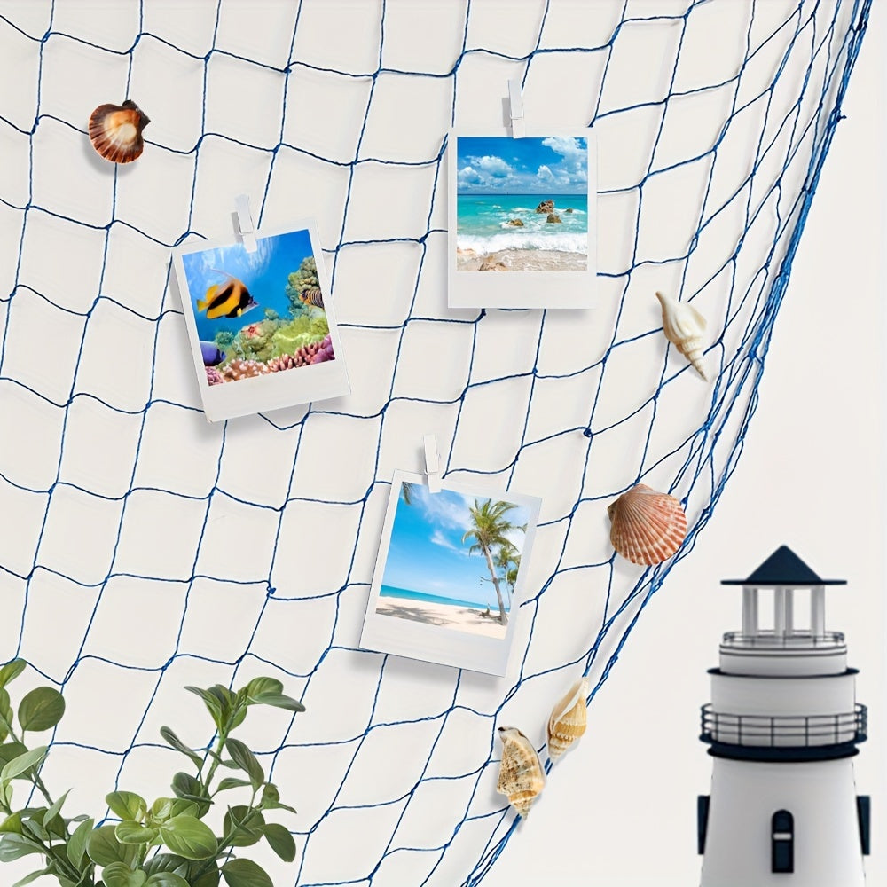 Seafarer's Charm: Nautical Blue Fishing Net Wall Decor with Seashells - Perfect for Ocean-Themed Events