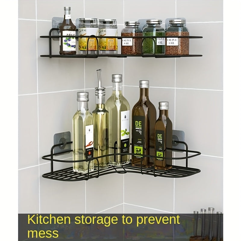 No-drill corner shower caddy made of rust-resistant wrought iron for bathroom storage.