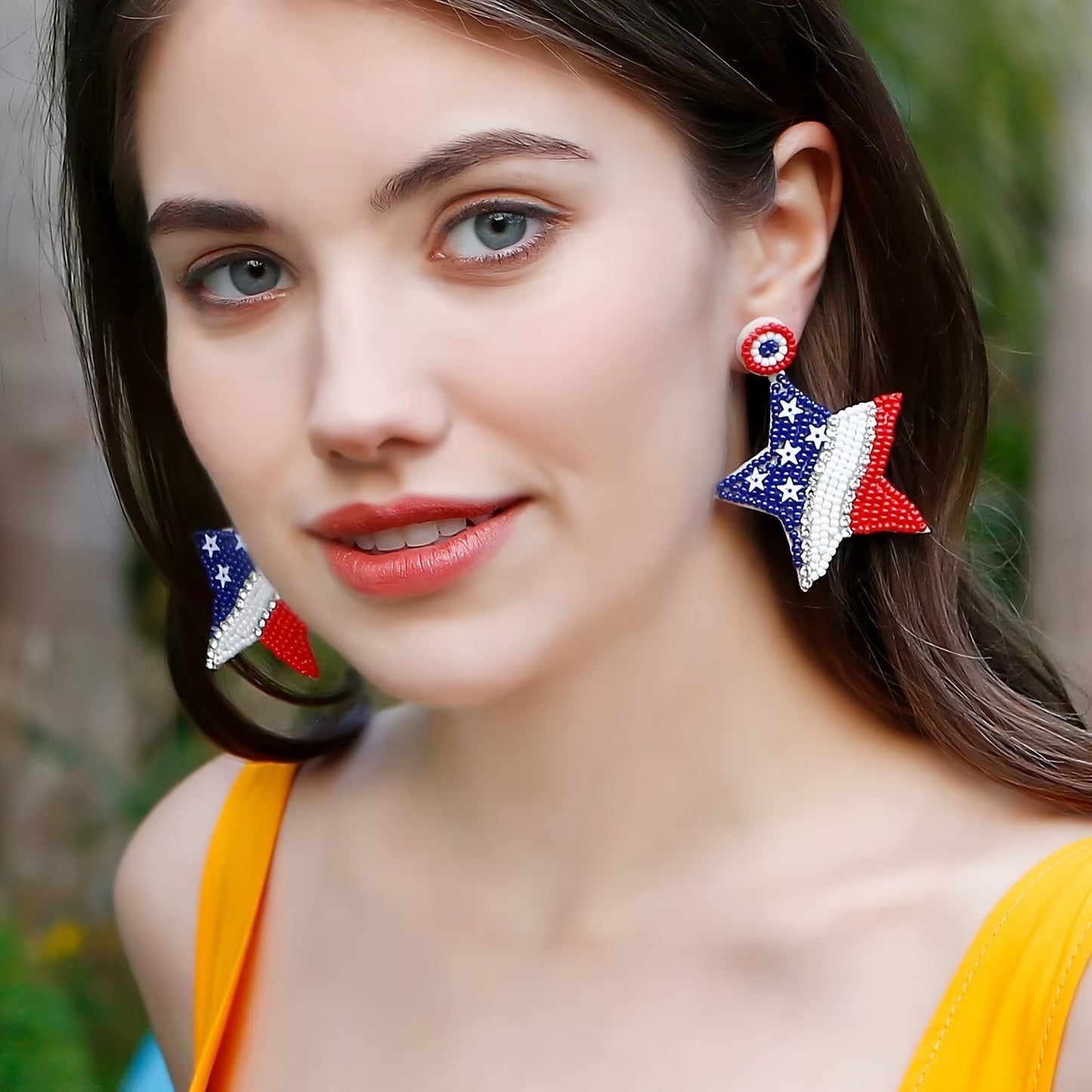 Handmade Boho Beaded Star & Heart Earrings with Patriotic Design, Dangle Earrings with Stainless Steel Posts, Bohemian Style All-Season Accessories for Daily and Festival Wear, Women's Fashion Jewelry