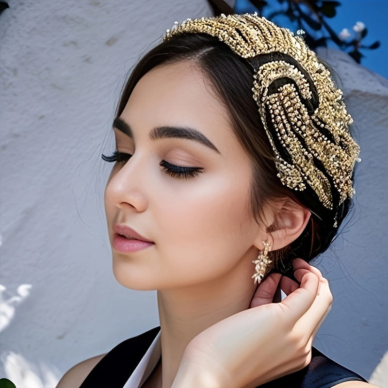 The elegant lady wears a light and breathable headband adorned with shiny beads and flowers, suitable for daily outings, parties, and performances.