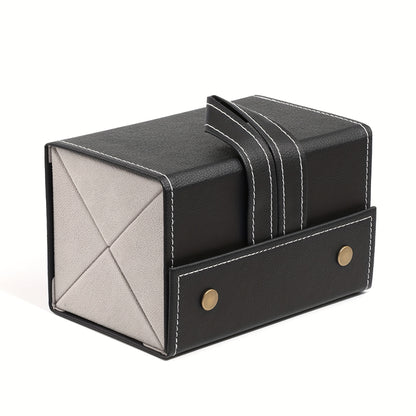 Faux leather folding glasses case with 5 slots and snap closure.