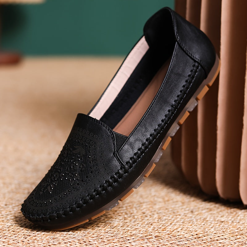 Women's flat shoes with solid color, soft sole, slip on style, and lightweight comfort.