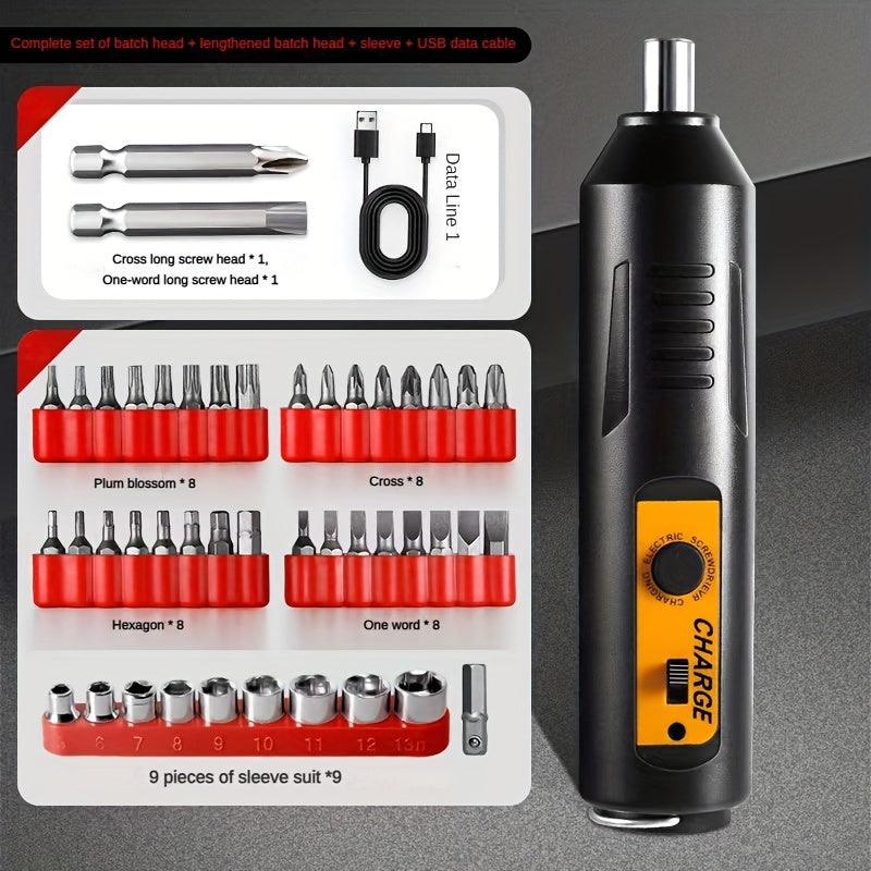 Electric Screwdriver Kit with USB rechargeable 1200mAh lithium battery and ergonomic design, ideal for DIY enthusiasts and professionals.