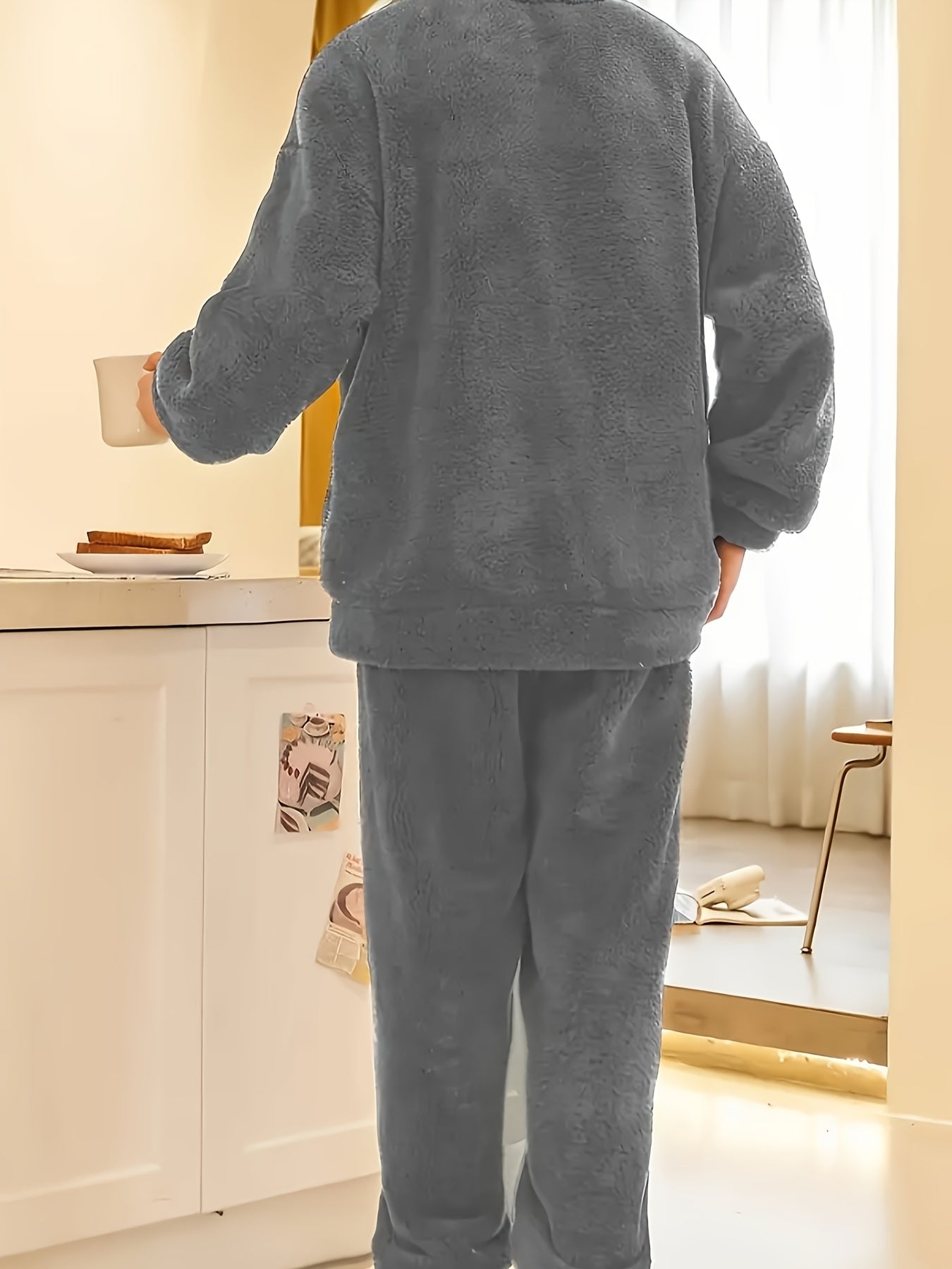 Men's Casual Pajama Set with Warm Flannel Home Clothes, includes Long Sleeve Hoodie Top and Loose Pants, ideal for Autumn and Winter.