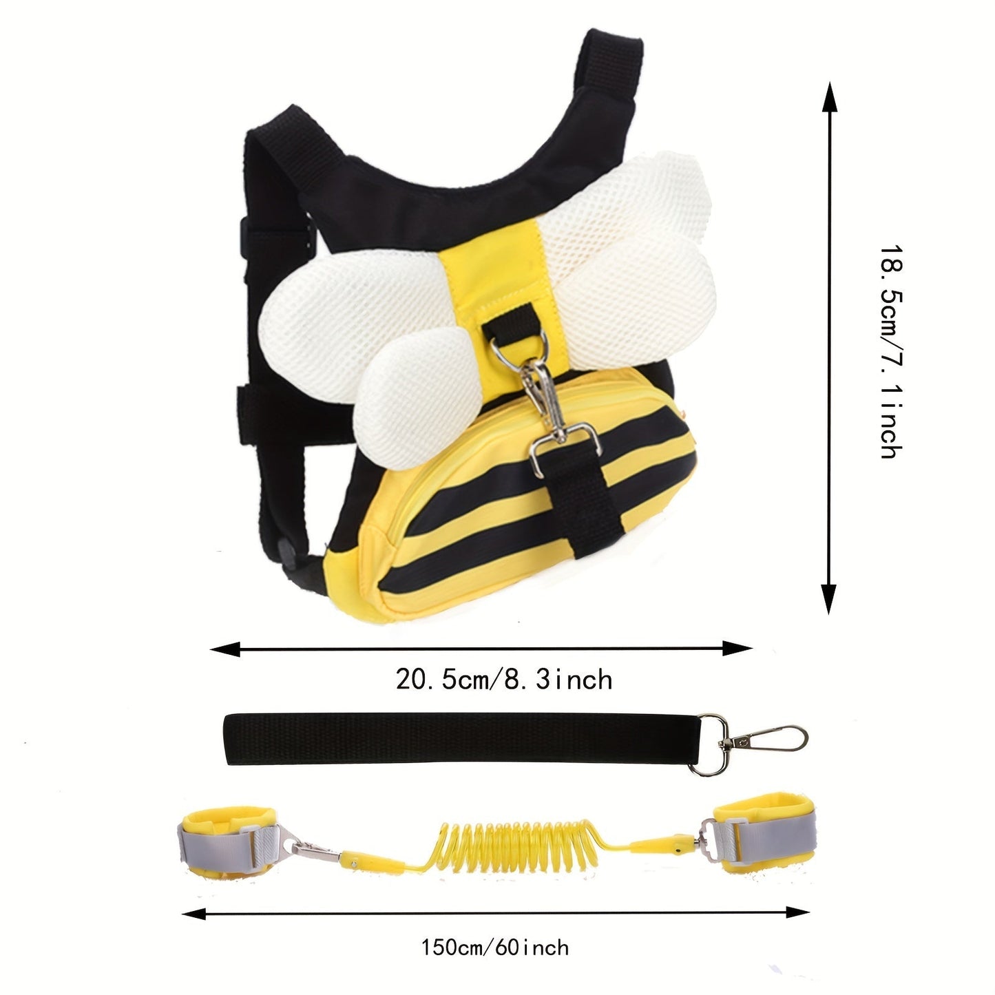 Yellow Bee Safety Harness Backpack with Wrist Link, 3-in-1 Cute Bee Design for Safe Walking. Includes Leash Storage Pocket. Perfect for Christmas, Halloween, Thanksgiving, or Mother's Day Gift.