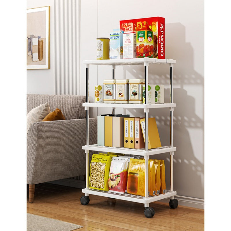 Rolling Storage Rack Organizer featuring Multiple Tiers, Constructed from Metal and Plastic, Easy to Move with Wheels, Ready to Use with No Assembly Needed, Ideal for Kitchen, Bathroom, Snacks, and Shoes Storage.